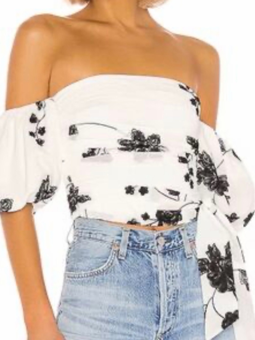 House of Harlow 1960 x REVOLVE Leya Embroidered Top Off Shoulder White Black